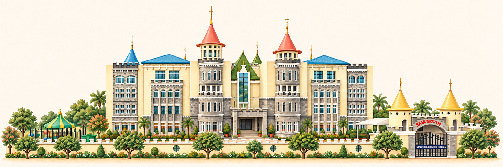 Illustration of SAI Angan school, its castle towers, gardens and entrance
